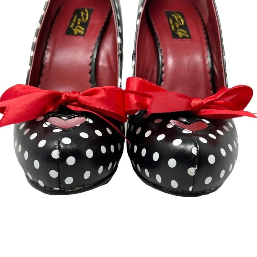 Pinup Couture Cutiepie 06 Heels Size 9 Black Polka Dot Red Bow Heart Cutout Toe - Picture 3 of 11